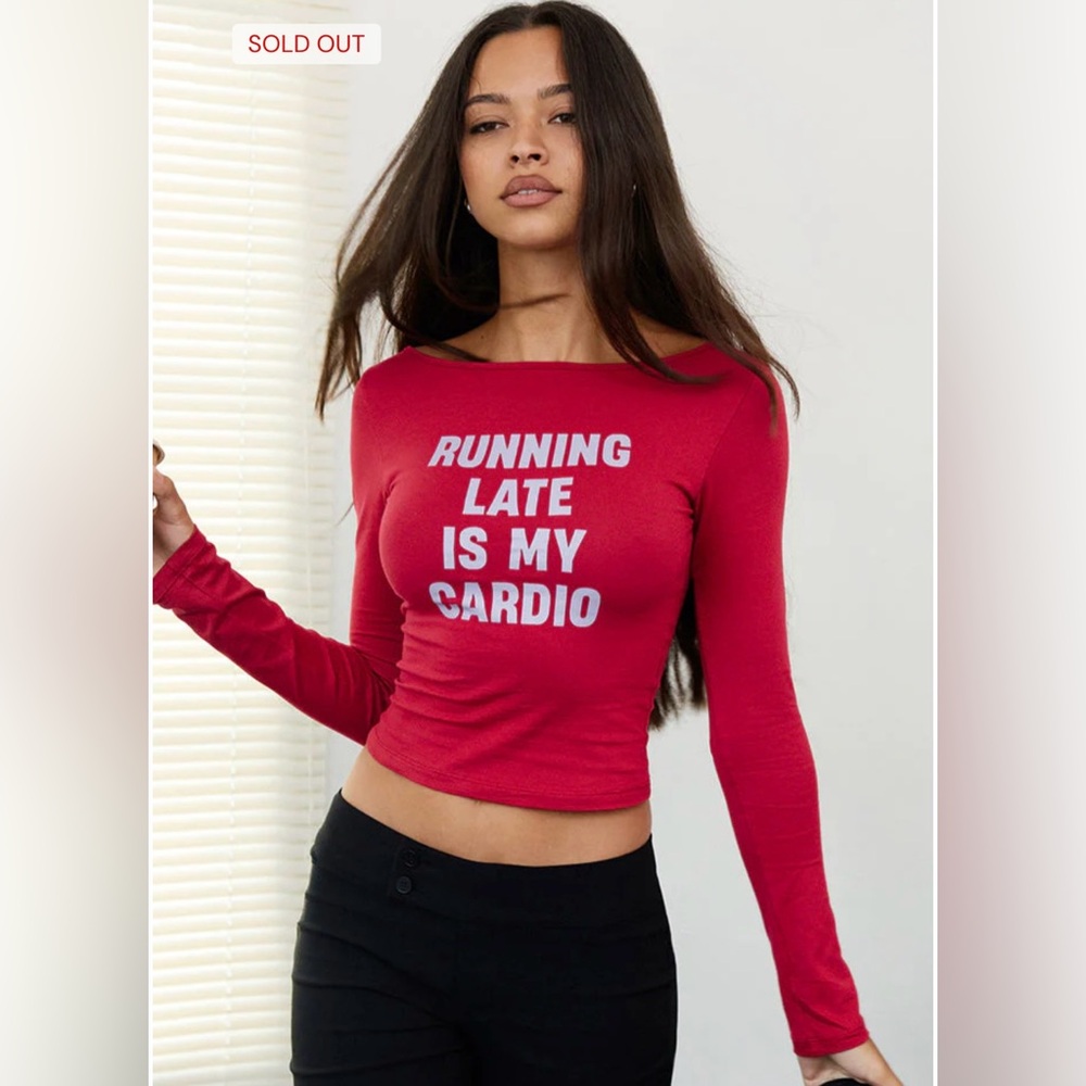 Motel Rocks Amabon Long Sleeve Top In Adrenaline Red With Running Late Slogan